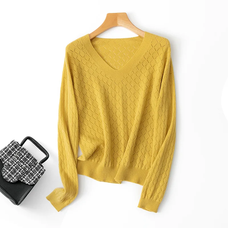 

seamless hollow out designs 100% cashmere v neck casual sweater