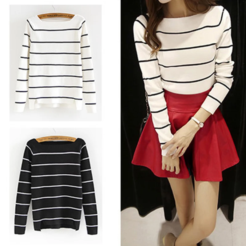 Slim Sweet Top Pull Femme Knitted Sweater Women Long Sleeve Korean Striped Tight Jumper Sweaters | Женская одежда