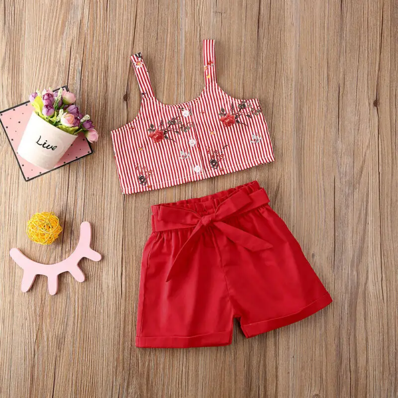 

Fashion Baby Kid Girl Party Princess Clothes Set Kids Girls Sleeveless Flower Vest Tops+Bowknot Shorts 2Pcs Outfit Child Clothes