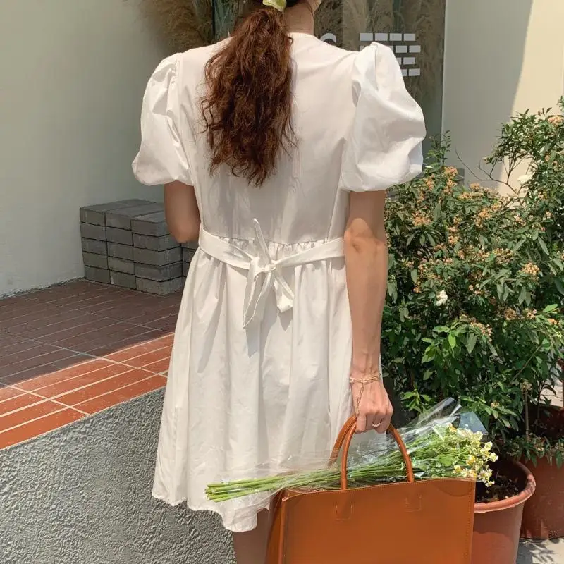 

Alien Kitty 2021 New Women Loose V-Neck Sweet Summer Short Puff Sleeve Prom Gentle Mini Retro French Solid Dresses Vestidos