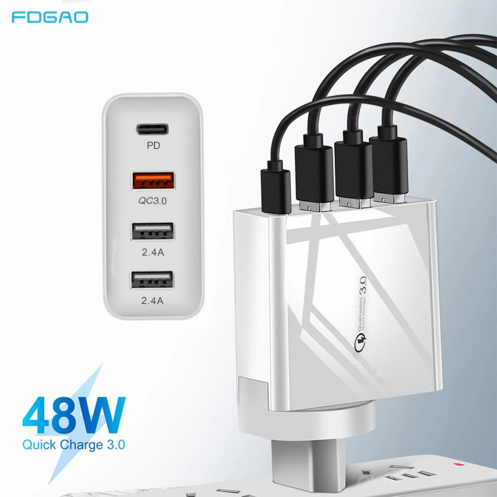 

Сетевое зарядное устройство с 4 USB-портами и поддержкой быстрой зарядки, 48 Вт