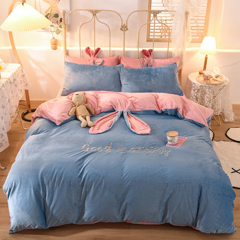 

Cute Rabbit Ear Blue Pink White Gray Fleece Fabric Winter Girl Bedding Set Soft Velvet Double Duvet Cover Bed Sheet Pillowcases