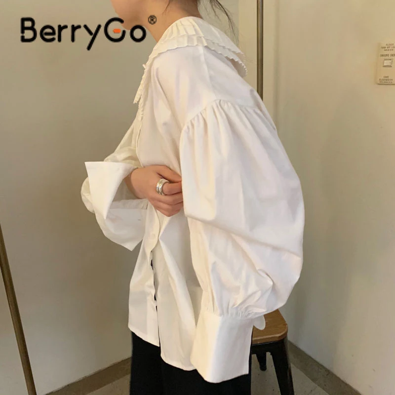 

BerryGo Autumn Frills Office Ladies White Black Shirts Doll Collar Solid Women Cotton Shirts Full Lantern Sleeves Female Tops