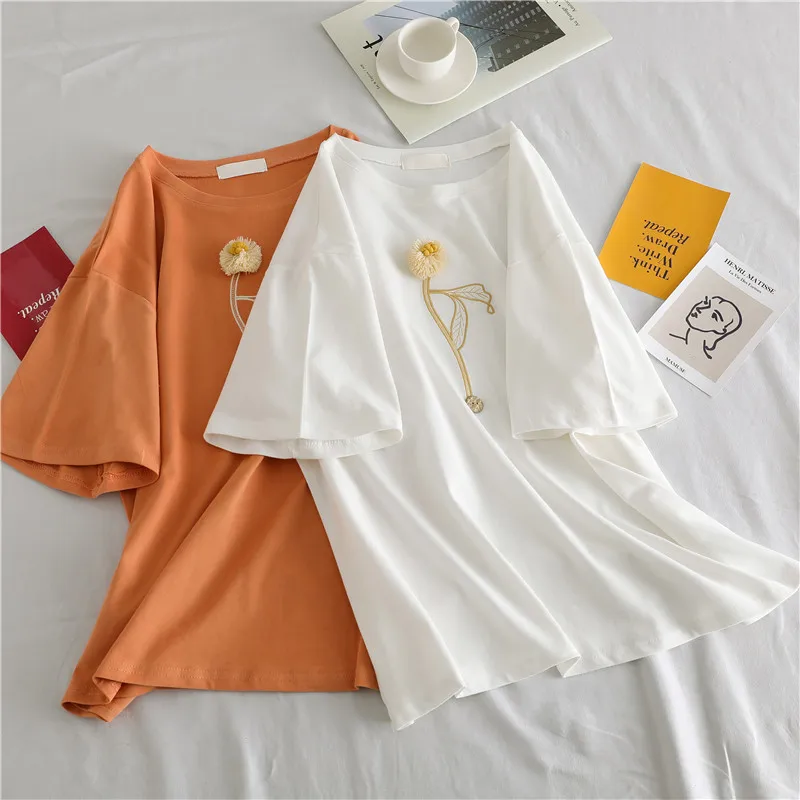 Хлопковая футболка с вышивкой одуванчика женская летняя коротким рукавом для