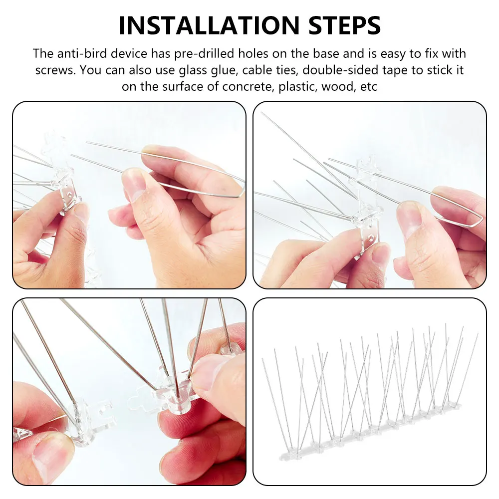 Juego de 12 pinchos de acero inoxidable para disuadir aves y palomas, Kit de p&uacute;as resistentes para Control de aves, para techos de torres de casa-3