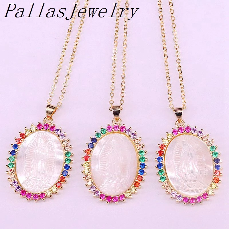 

5Pcs Multi Rainbow CZ Micro Paved Mary Shell Pendant Necklaces Fashion Colorful Zirconia Mother of Pearl Women Jewelry