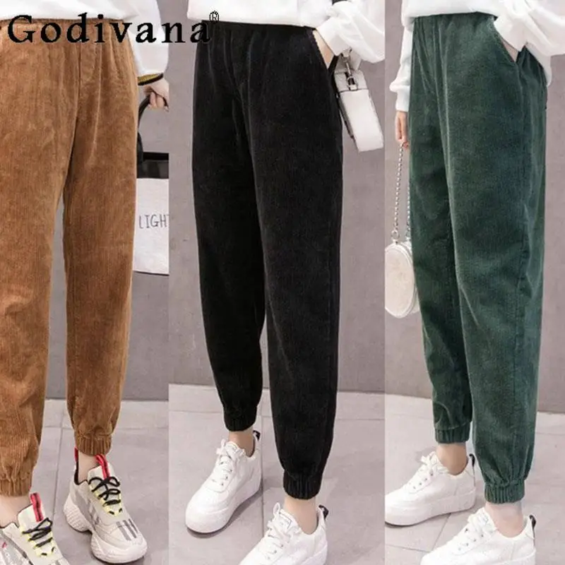

2021 Autumn Winter Corduroy Pants Women Korean-Style Loose-Fit Jogger Trousers Fleece-Lined Thickened Casual Pants Harem Pants