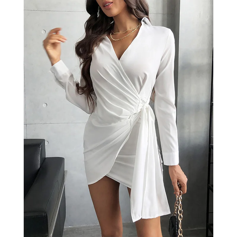 

Autumn Long Bandage Pure Color Dress for Women New Sexy V-Neck Long Sleeve Hight Waist Tie Office White Dresses Ladies Elegant