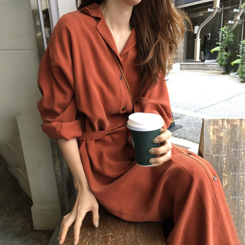 

Женское платье-рубашка с длинным рукавом, однотонное праздничное платье-трапеция с высокой талией в Корейском стиле, элегантное платье макси, весна-осень 2022