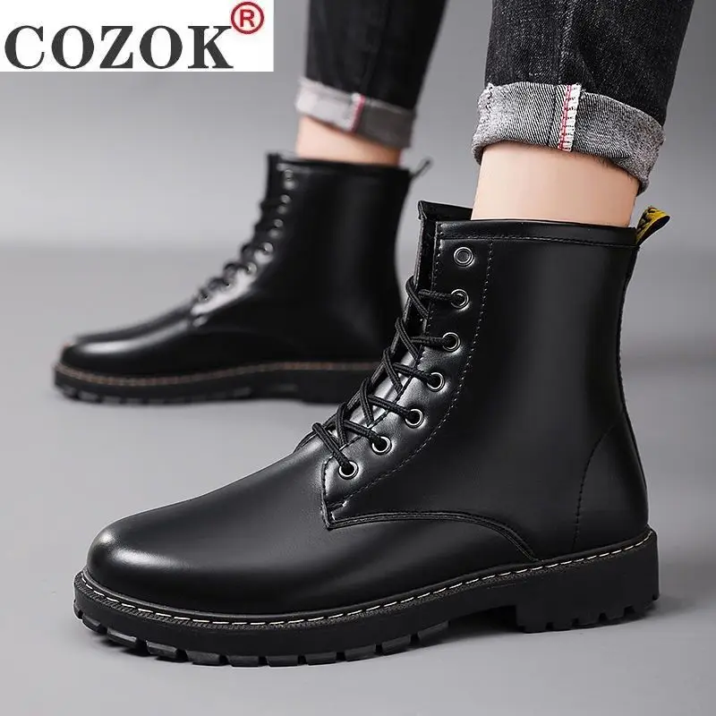 

Boots Men's Mid-cut Tooling Boots British Style High-top Leather Shoes Trendy Men's Boots All-match Short Boots Leather Boots