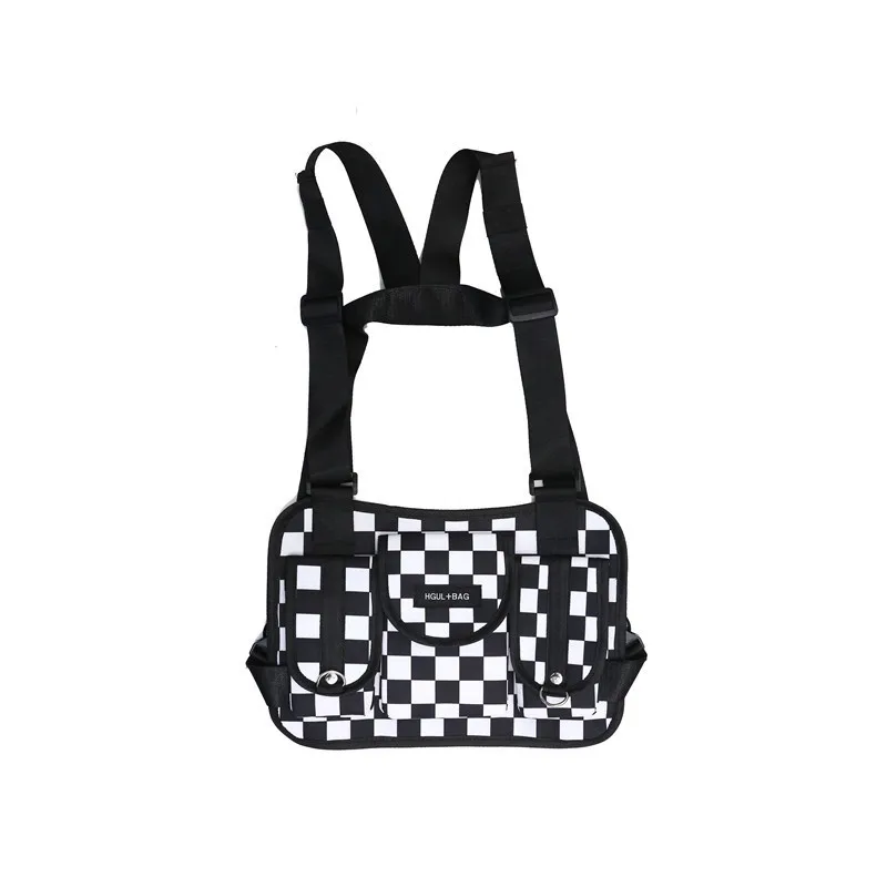 

Fashion Black And White Plaid Chest Bag For Men Kanye West Hip Hop Streetwear Men Tactical Chest Rig Vest Wait Packs Bum Bag