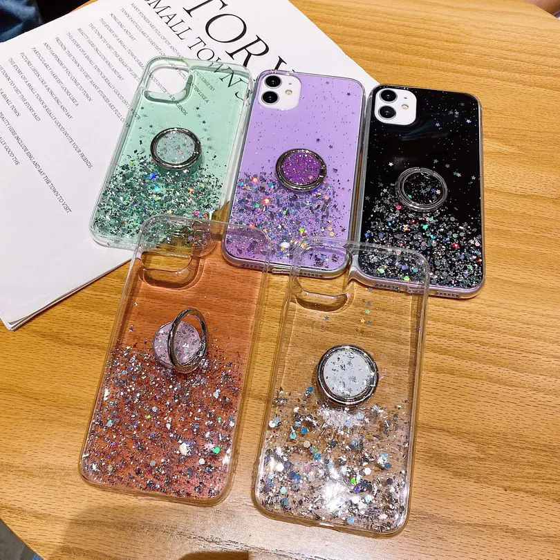 glitter case for iphone 12 mini 12 pro 11 xs max xr x se 2020 soft silicone finger ring stand cover for iphone 7 8 6 6s plus free global shipping