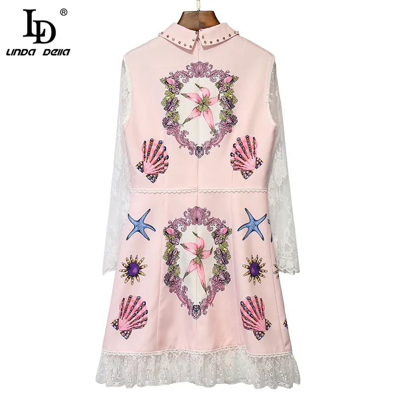 

LD LINDA DELLA 2021 Fashion Designer Summer Pink Mini Dress Women White Lace Long sleeve Flower Print Bead Elegant Party Dress