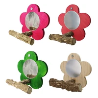 bird wooden perch with mirror flower shape natural wood stick trim beak toys cage accessories easy to install 4 color