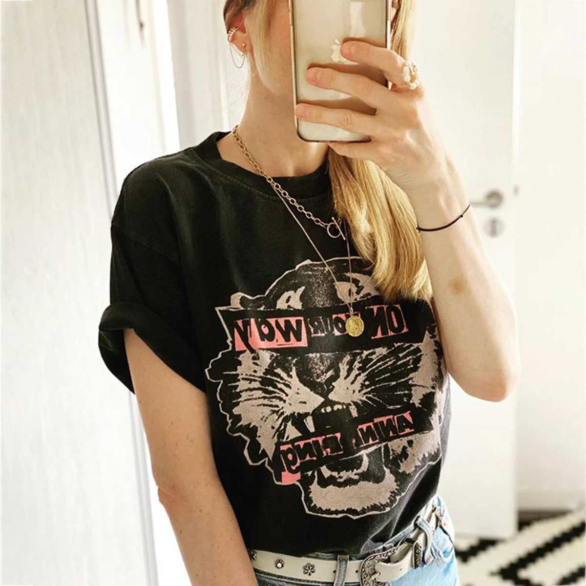 

Tiger Head Black Graphic Neutral Tee Women Summer Short Sleeve O Neck T Shirt Casual Vintage Hipster Clothes Creativity Top 2021