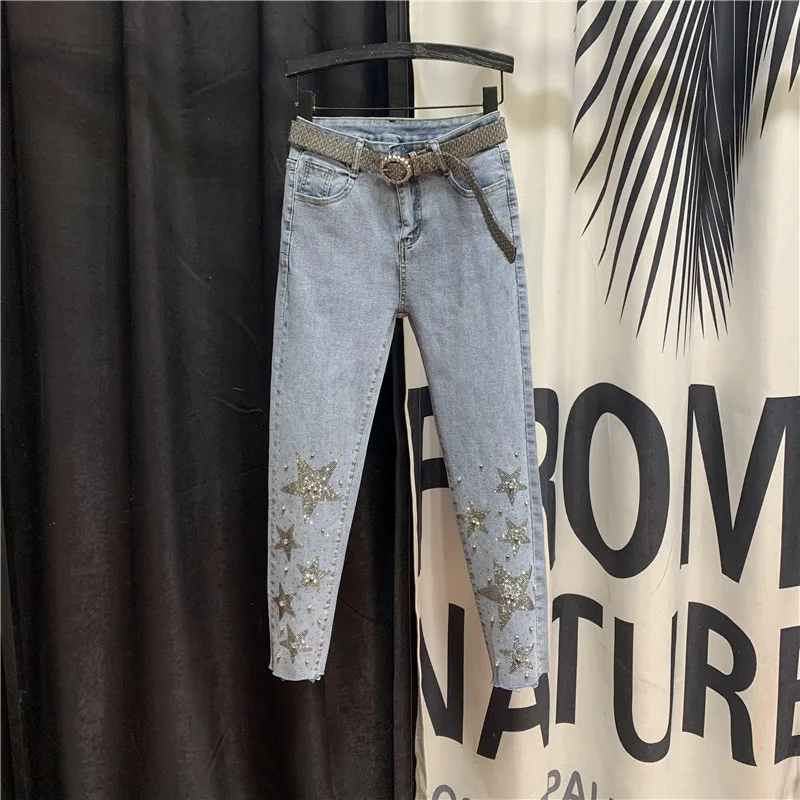 

2021 Spring Pants Jeans for Women Rhinestone Beaded Skinny Cropped Jeans Women's High Waist Elastic Pencil Pants Student Trouser