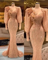 luxury beading mermaid evening dress long sleeve flower appliqued arabic party dresses women applique robe de soiree