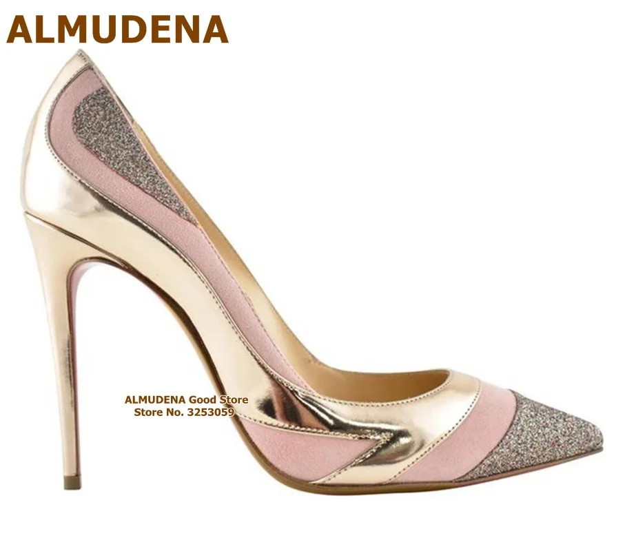 

ALMUDENA Pink Gold Colorized Wedding Dress Shoes Stiletto Heels Glitter Sequined Pointed Toe Pumps 12cm Heel Size45 Dropship