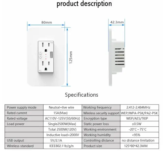Smart in-Wall розетка умная подходит Alexa Google Home IFTTT с дуплексный независимый AC TR USB