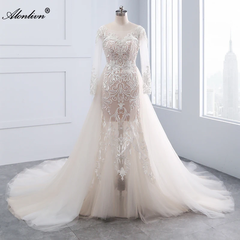 

Alonlivn Real Photo Beaded Pearls 2 In 1 Mermaid Wedding Dresses Full Sleeves Appliques With Removable Bridal Skirts