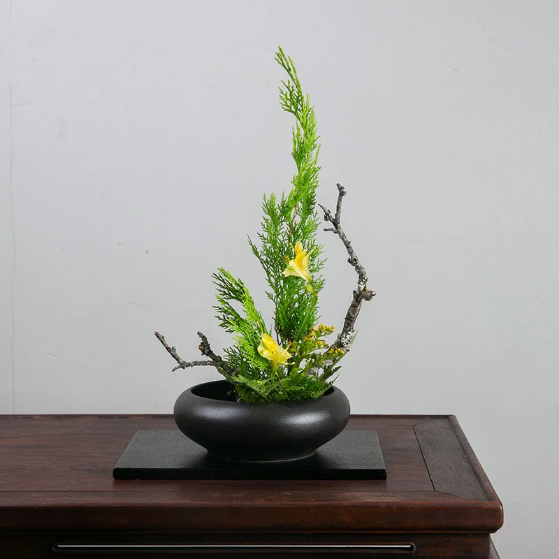 Ceramic Flower Vase Ikebana Arrangement Flower Pot Black Round Bowl Kenzan Floral Pot Tools