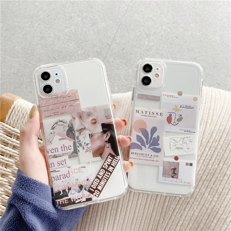

ins Fashion Art label Phone Case for iPhone 12 mini 13 11 Pro X XS MAX XR 7 8 Plus Clear Soft TPU Silicon Cover Capa