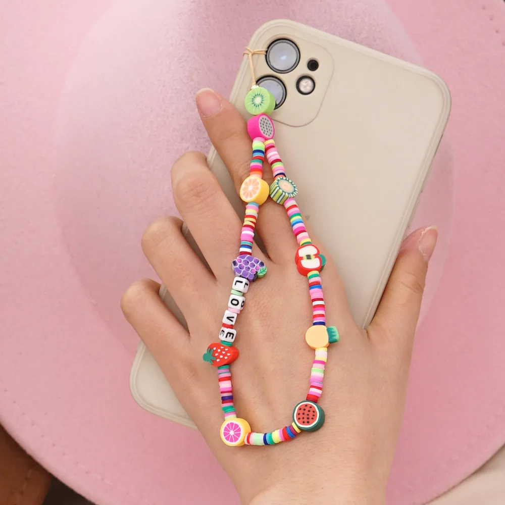

Bohemian Sweet LOVE Letter Color Matching Color Soft Pottery Mix And Match Fruit Women's Mobile Phone Lanyard Chain Jewelry Gift