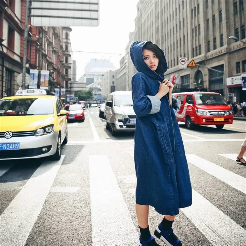 2019 весенне осеннее Новое повседневное Свободное пальто выше колена с капюшоном