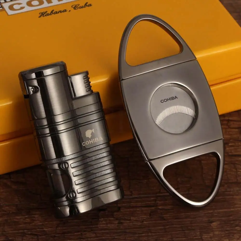 COHIBA Set Windproof 4 Torch Cigar Lighter Butane Lighters Pocket Metal Cigars Cutter Sharp Blade Stainless Steel W/ Gift Box | Дом и сад