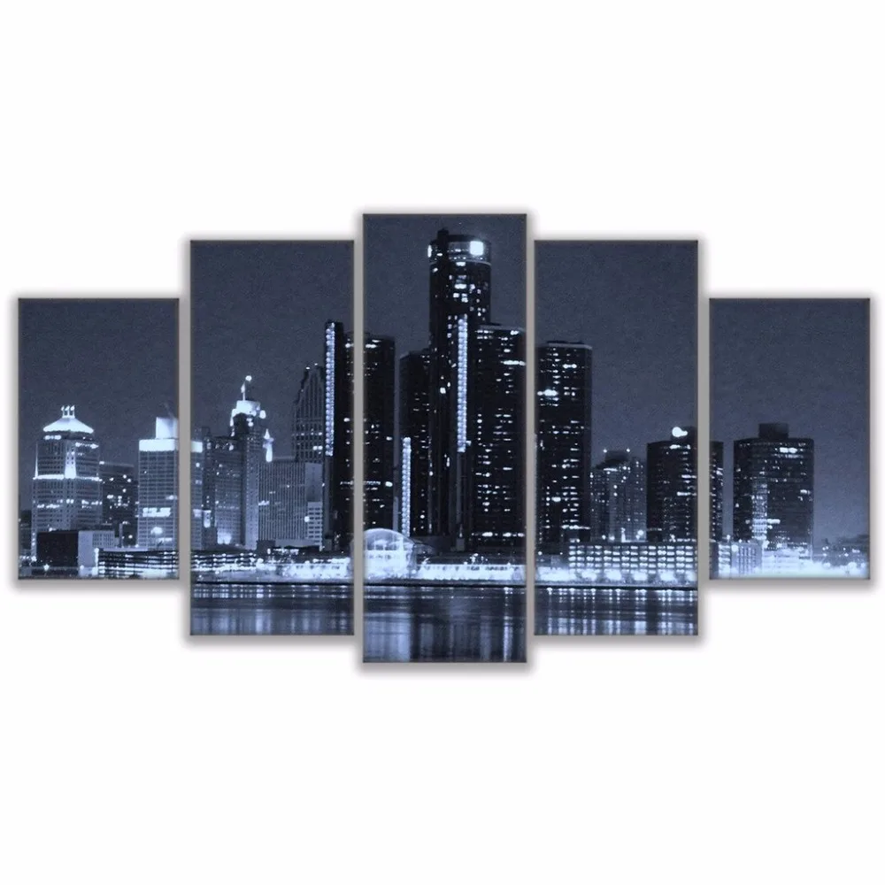 

Modern Frames For Paintings Decorative Canvas Art Print 5 Panel Detroit City At Night Wall Picture For Home Decoration Kids Room
