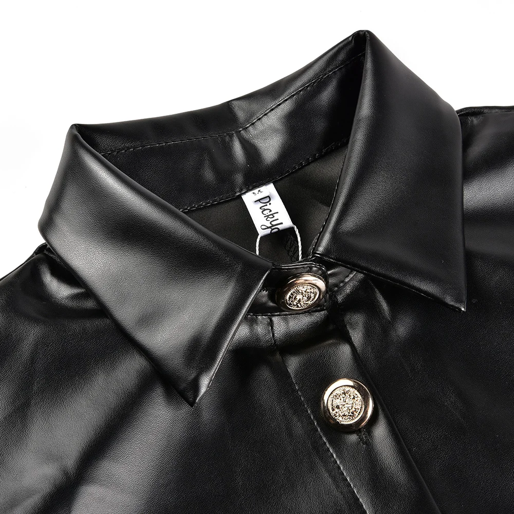 Женская кожаная блузка с пуговицами и рукавом 3/4 Офисная приталенная лацканами