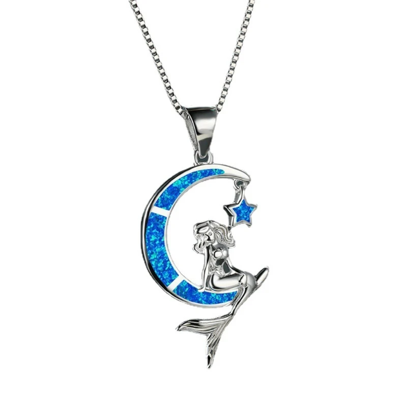 

Elegant Fish Tail Necklace with Blue Moon Star Fairytale Blue Ocean Necklace Chain Girls Clavicular Chain