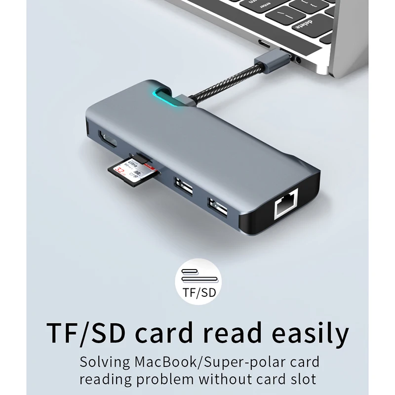 

Type-C to HDMI Hub PD RJ45 USB3.0 TF Portable for Home Office Laptop Mouse AS99