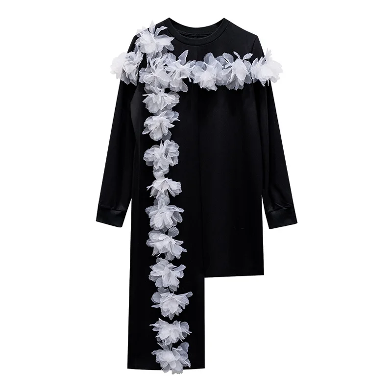 

SHENGPLLAE Personality Patchwork Floral Dress Women's Spring 2021 New Round Neck Irregular Design Long Sleeve Dresses Female 5B9