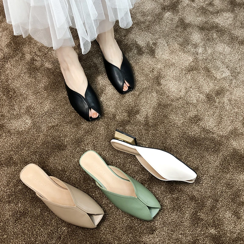 Женские туфли лодочки с открытым носком на среднем массивном каблуке 4