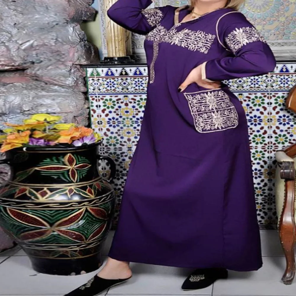 

Autumn 2021 New Autumn Muslim Fashion Casual Solid Color With Hood Long Sleeve Embroidery Pocket Loose Women's Dress