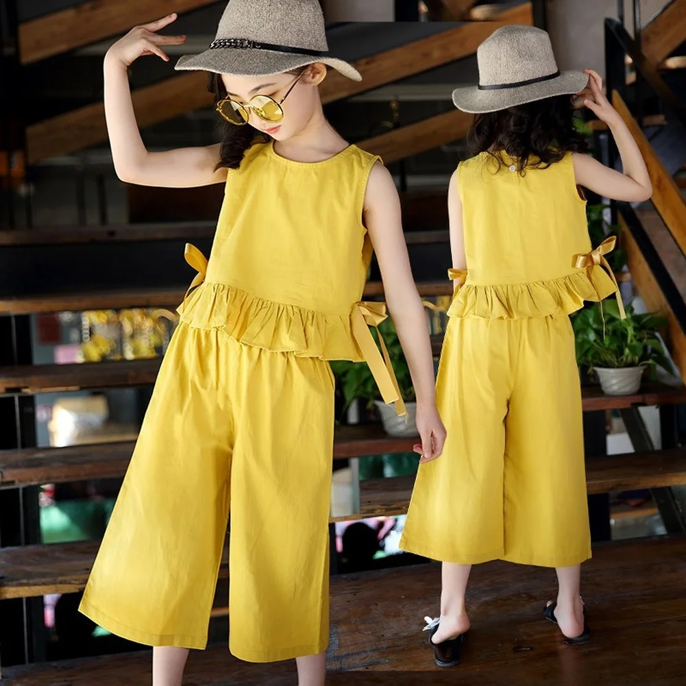 

2021 Summer 4-9 Y Clothing Girls Set Children's Vest + Wide Leg Pants 2 Piece Set Sleeveless Children's Clothes Two-Piece Suit
