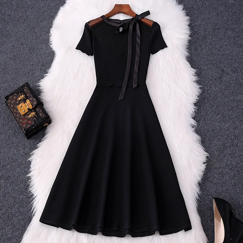 

Short-Sleeved Knitted Dress Stretch High Waist Temperament Slim Fit Tied Mesh Patchwork A- Line Skirt Mid-Length Skirts Womens
