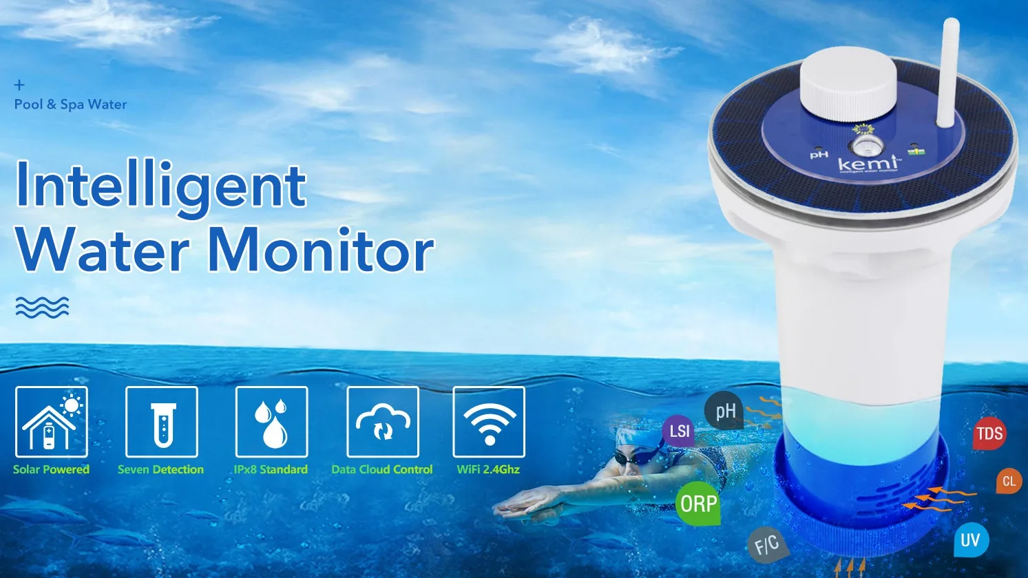 Kemi-probador de agua inteligente con WIFI, dispositivo digital LSI F/C CL UV orp tds, medidores de ph, almacenamiento de datos en la nube