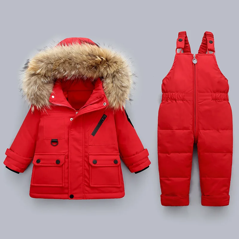 New Winter Children Fashion Snowsuit Clothing Sets For Girls Boys 80%White Duck Down Jacket+Overalls Solid Thicken Suit 1-4Yr |