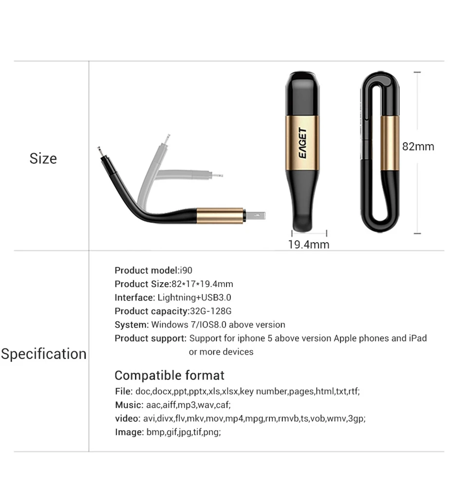 EAGET I90 2 в 1 OTG USB флэш-накопитель 64 Гб Lightning USB 3,0 палка MFI Сертифицированный флеш-накопитель 128 ГБ флэш-накопитель для iPhone