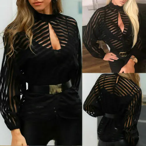 

Summer Hot Women Perspective Striped Sunscreen Long Sleeve shirt Black Front Hollow Sexy Tops Fashion Clothing Female Blouses