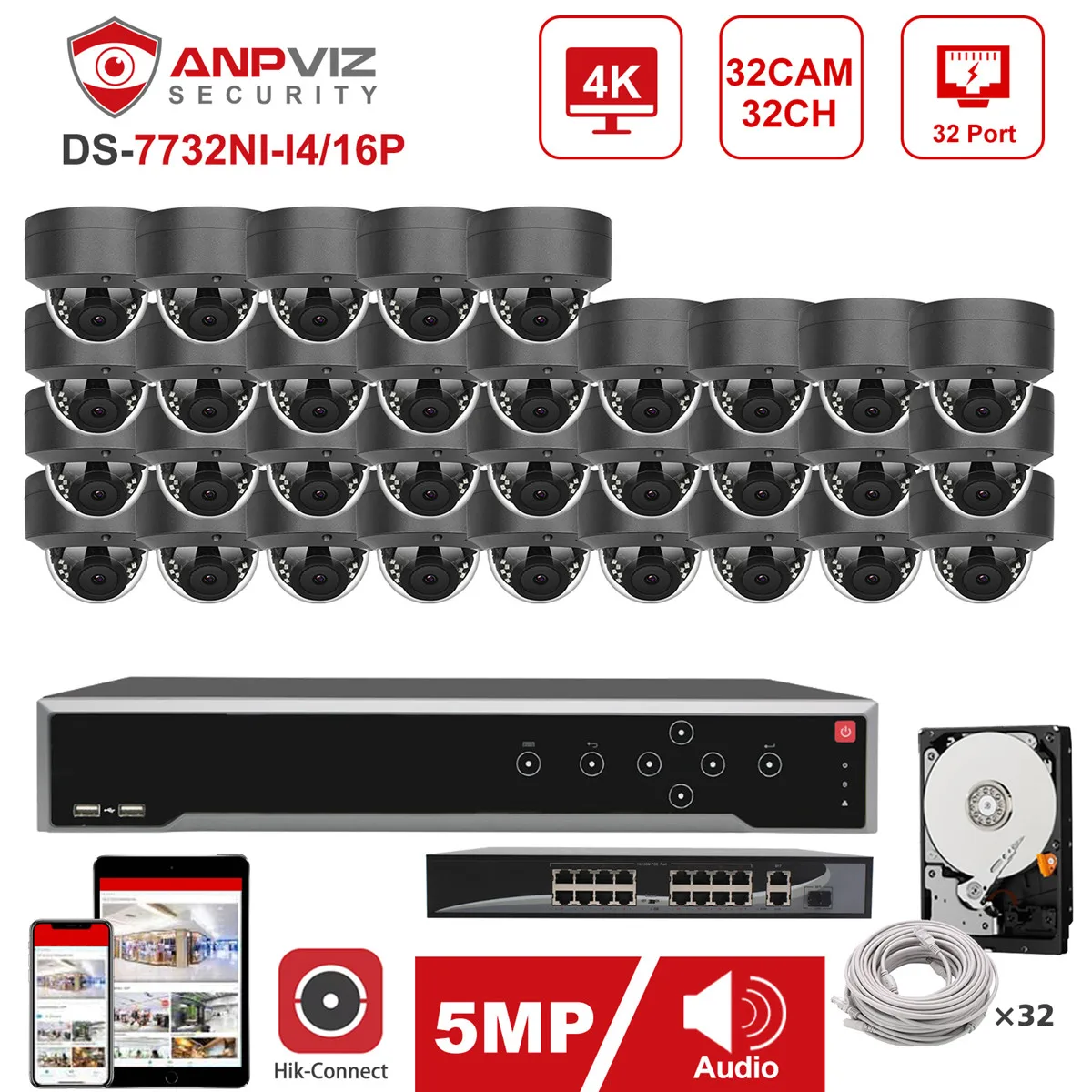 Hikvision OEM NVR 32CH 4K Комплект Anpviz 24 шт. 5MP POE IP камера система для помещений/улицы CCTV