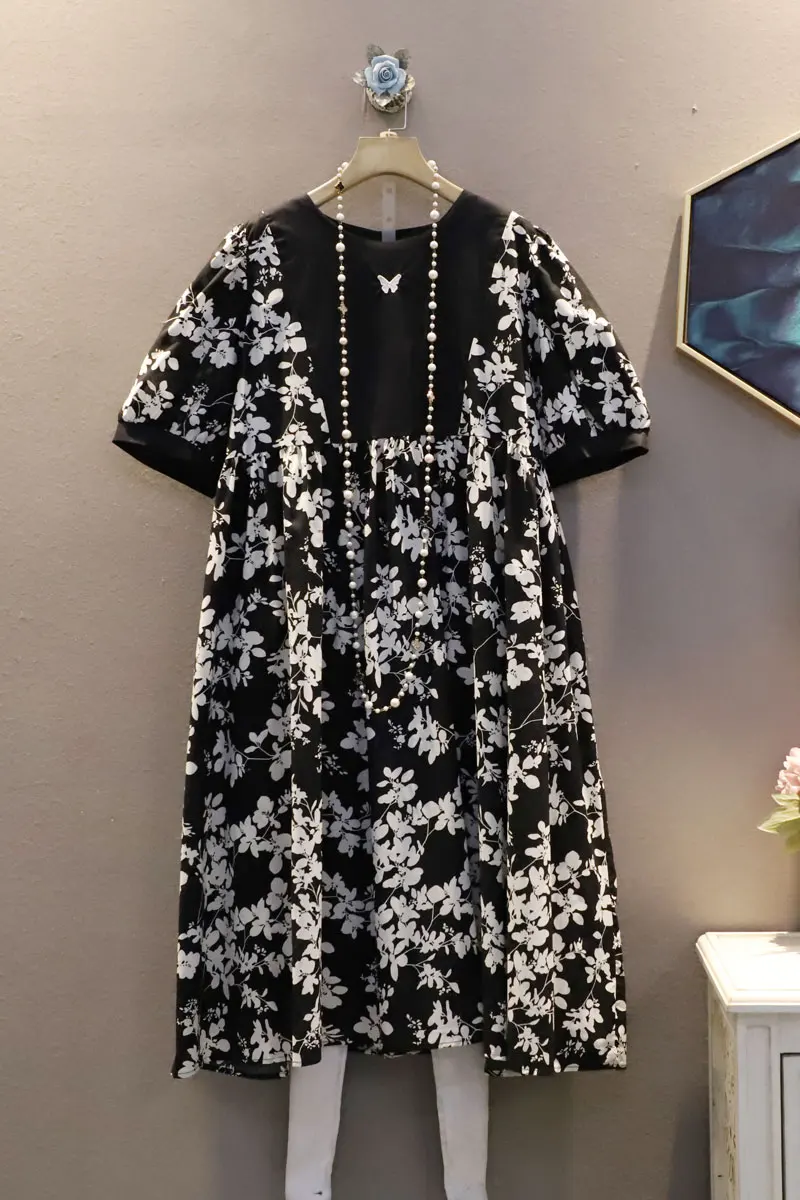 

SuperAen New Korean Summer 2021 Casual Retro Crushed Flower Stitching Loose Plus Size Puff Sleeve Chic Woman Dress