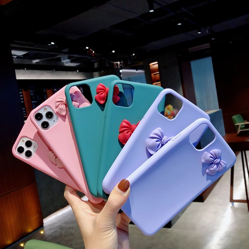 

New Ins Cartoons Cute Bowknot Phone Case For iPhone 12 Mini 11 Pro Max XR XS X 7 8 Plus Liquid Silicone Soft Cover