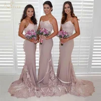 Vintage Light Pink Satin Mermaid Bridesmaid Dresses White Appliques Spaghetti Straps Wedding Party Gowns Count Train Women Dress