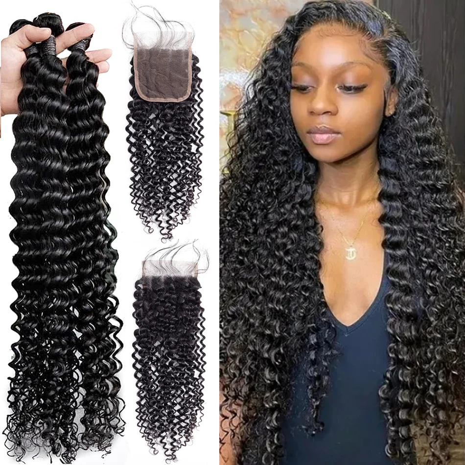 Meya 28 30 inch Deep Wave Bundles With Closure Peruvian Remy Human Hair Weaves Water Wave Curly Bundles with 4X4 Lace Closure