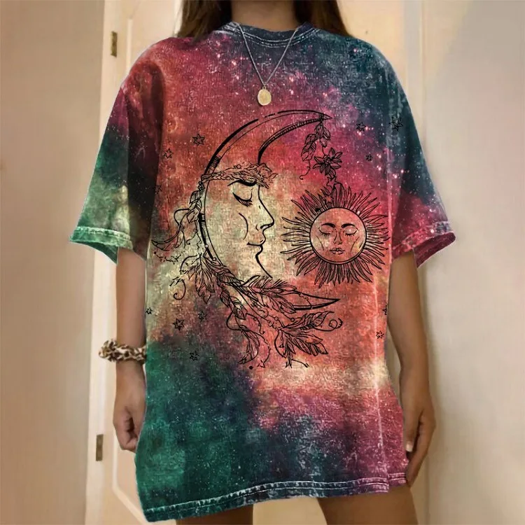 

Harajuku T-shirts Summer Woman Casual Loose Sun Moon Star Sky Tie Dye Print Short Sleeve O Neck Graphic Clothes Shirts Tee Tops