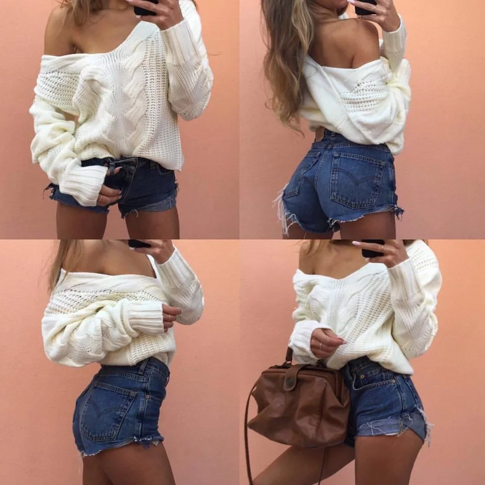 Winter Knitted Sweater Women 2018 Autumn White Pullover Sexy Deep v Neck Long Sleeve Jumpers Pull Femme sweter mujer | Женская одежда
