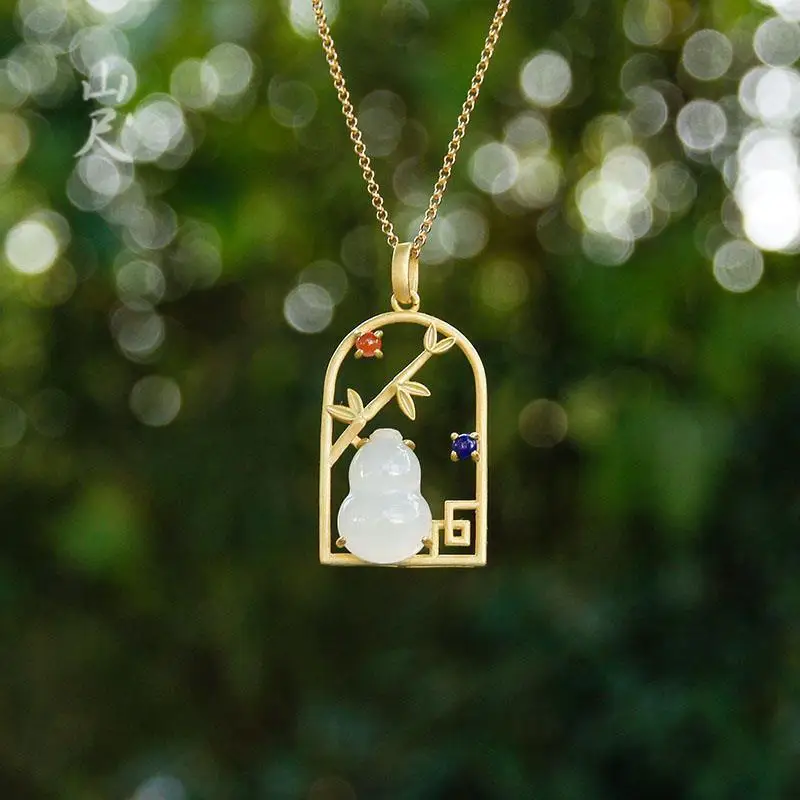 

Funing Natural Hetian White Jade Calabash Pendent S925 Sterling Silver Jade Necklace Classic Elegant Gift for Mother